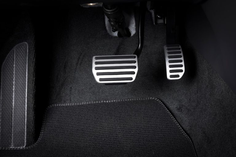 Brake pedal in an automatic transmission vehicle. Brakes can be expertly serviced by Evans Tire and Service Centers.